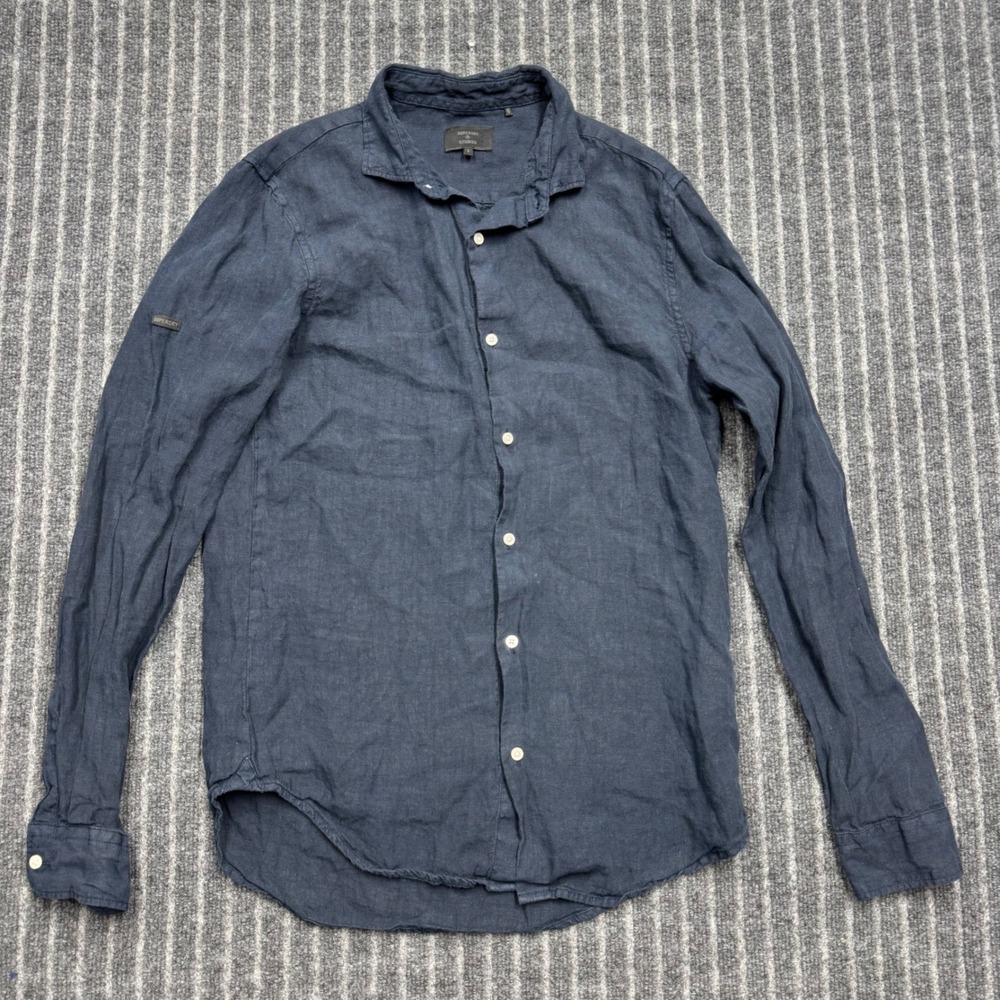Superdry Mens Studios Linen Button Down Shirt Size S Navy Blue Long Sleeve Solid